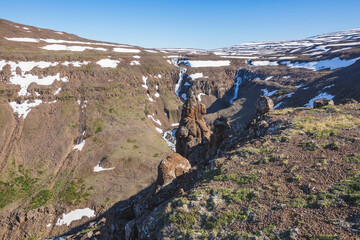 Waterfall on Hoisey River. Putorana Plateau landscape. Russia, Siberia