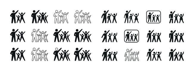 Various stick figure group poses and gestures in black and white silhouettes