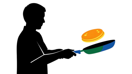 Silhouette of a person cooking an egg in a pan, isolated on transparent background