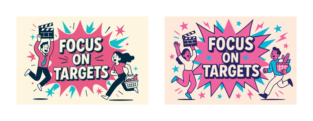 Cartoon characters chasing goals with energy and determination