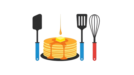 Delicious stack of pancakes with syrup and cooking utensils isolated on transparent background