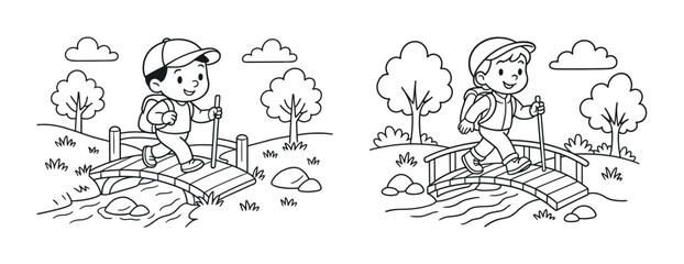 Obraz premium Two boys hiking on bridge in nature black and white illustration