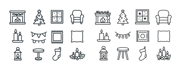 Christmas and winter decoration icons collection: fireplace, tree, gifts, ornaments