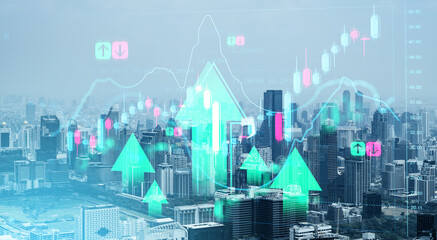 Financial growth concept with digital stock market chart overlay on urban cityscape background showing upward trend arrows and candlestick graphs.