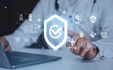 Futuristic digital concept of health insurance with holographic shield icons and medical symbols on modern interface in healthcare technology scene.