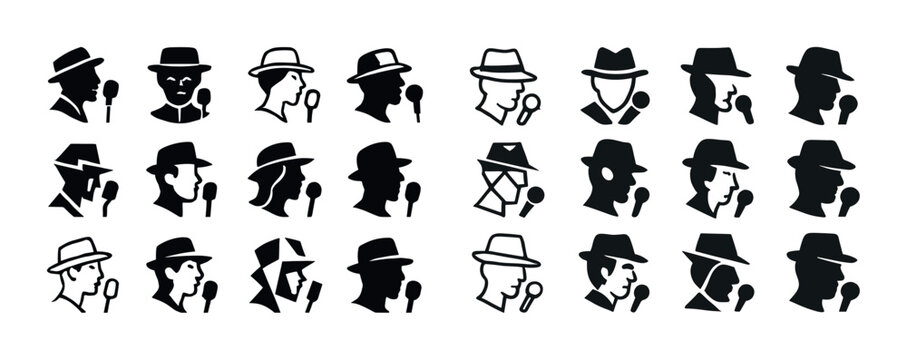 Silhouettes of detectives and journalists in various hats and microphones