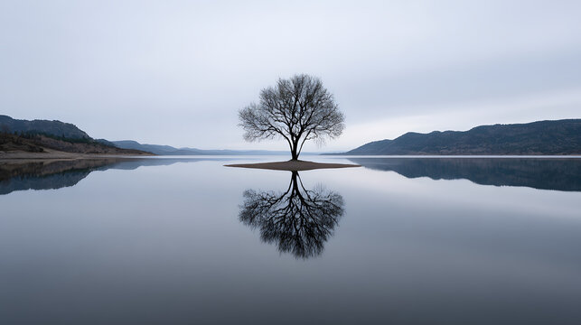 A solitary tree stands majestically on a small island, its perfect reflection mirroring in the calm lake water. This minimalist landscape captures nature's tranquil beauty, creating a serene and peace