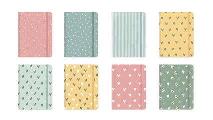 Vibrant collection of eight pastel notebooks and journals featuring delightful patterns, perfect for school, office, creative writing, and personal organization needs