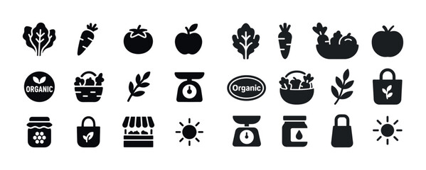 Naklejka premium Organic food icons: vegetables, fruits, basket, scales, sun, plant