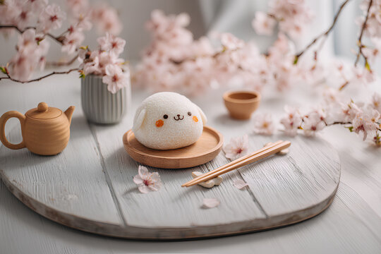 可愛いお餅と桜の花の春らしい3Dイラスト
