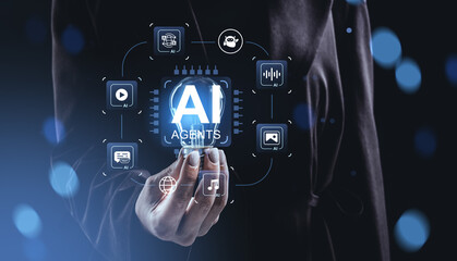 Person holding glowing bulb with AI agents icons around, symbolizing artificial intelligence technology concept on dark futuristic background.
