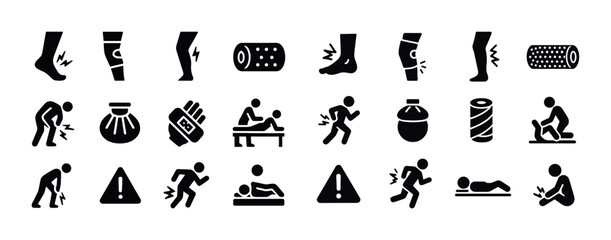 Injury and rehabilitation icons: therapy, pain relief, exercise, and caution symbols