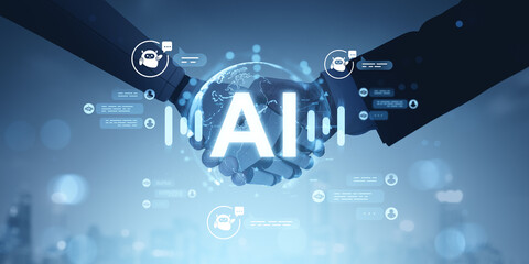 AI handshake concept with digital hologram of globe and chatbot icons on futuristic blue background symbolizing collaboration and innovation in technology.