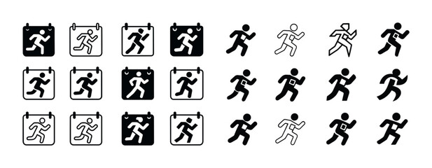 Naklejka premium Running icons set: diverse black and white athletic symbols for motion design