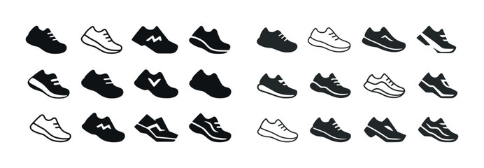 Variety of athletic shoe icons in black and white silhouettes