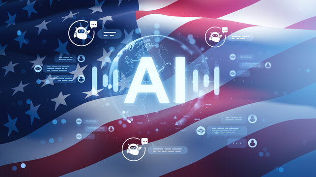 Digital AI technology concept with chatbot icons and data graphics over USA flag background showing innovation and communication in America's future.