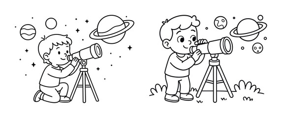 Two caucasian boys exploring space with telescopes