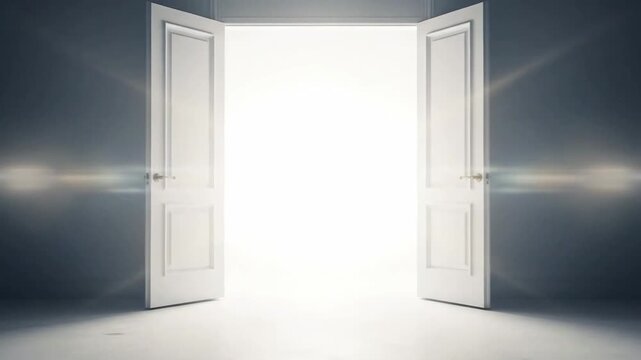 Open doors revealing a bright light, symbolizing opportunity, hope, and new beginnings.
