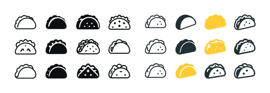 Variety of taco icons: black, white, and yellow designs in a simple style
