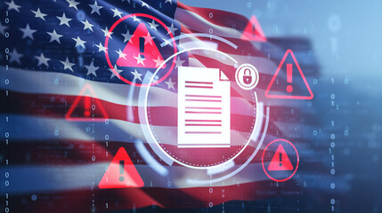 Cybersecurity alert concept with warning icons and document symbol over USA flag and binary code digital background representing data protection breach.