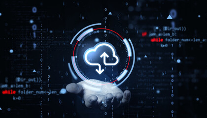 Cloud storage upload and download symbol over human hand with binary code background representing digital data concept of global file service system.
