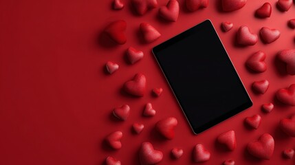 A black tablet surrounded by small red hearts on a red background for Valentine's Day or love-themed designs