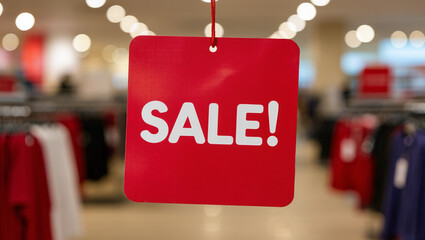 A bold red “SALE!” sign hangs in sharp focus against a softly blurred retail store interior, capturing the energy of shopping promotions, discounts, and commercial excitement.