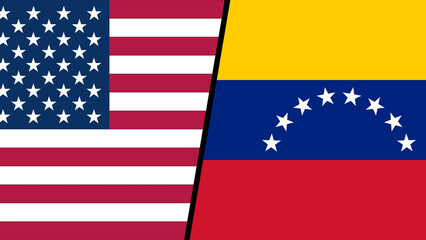 Flags of the USA and Venezuela separated by a black diagonal line