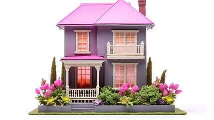 Charming miniature purple house with pink roof and vibrant garden