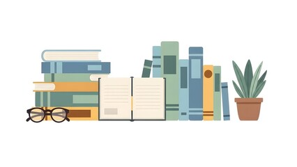 A Stack of Books with Reading Glasses and a Potted Plant on a White Background