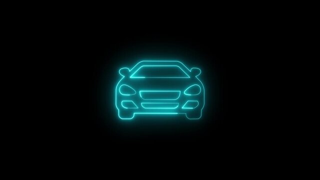 Neon glowing car driving, mode icon on black background animation. eon Outline of a Sedan Car automobile vehicle, Neon Car Outline on Black Background automobile, car icon with neon glowing effect.