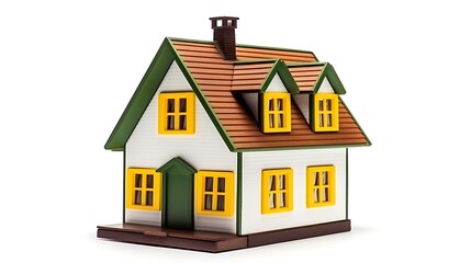 Charming miniature white house with green trim and yellow windows on brown roof