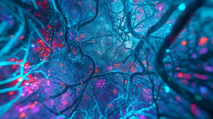 Glowing neural network intricate brain connections blue pink fibers pulsing energy particles abstract neuroscience visualization background - Powered by Adobe