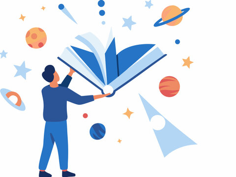 Man opening book with planets and stars flying out