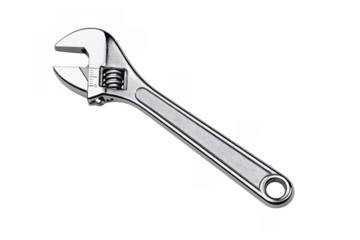 Adjustable wrench tool with chrome finish providing mechanical support for repair and maintenance work on transparent background