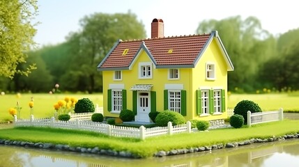 Charming miniature yellow house with white fence by serene pond