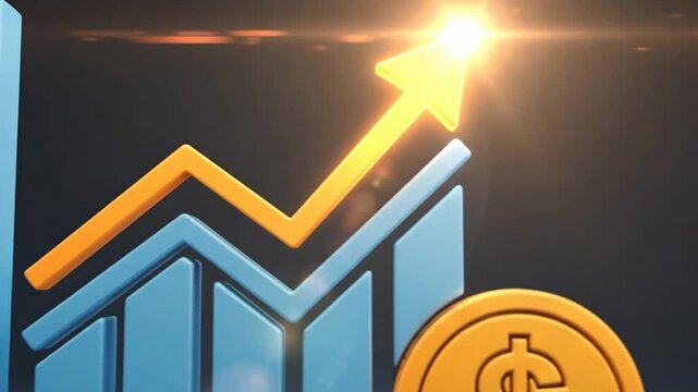 Financial growth concept with upward arrow and dollar coin, symbolizing success.