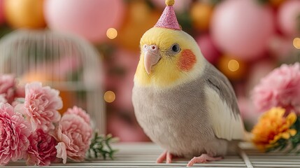 Adorable cockatiel bird celebrates birthday wearing a festive pink party hat amidst soft floral decorations and glowing bokeh lights