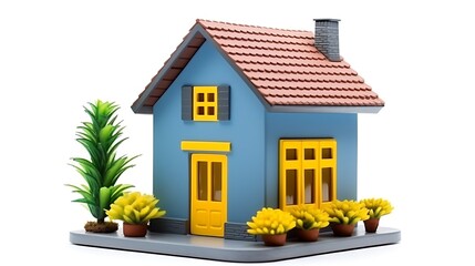 Charming blue house with yellow accents and potted plants on a gray base