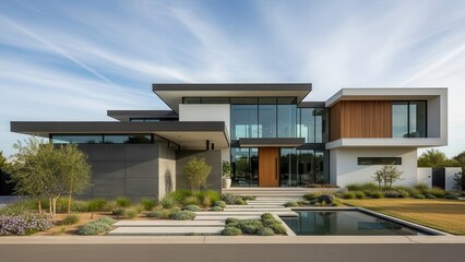 Modern luxury home with glass facade and landscaped garden.