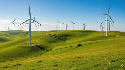 Wind turbines on rolling green hills under a clear blue sky.
