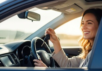 Naklejka premium Happy woman holding vehicle ignition device while sitting inside a modern automobile
