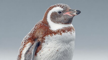 Captivating close-up of a majestic penguin covered in light snow, showcasing its unique markings and resilient spirit