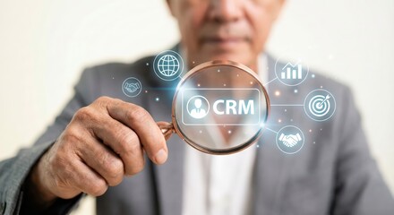 Adult White Businessman in Grey Suit Indoors Pointing Magnifying Glass at Digital CRM Interface for Customer Relationship Management Strategy and Data Growth in a Professional Office Setting