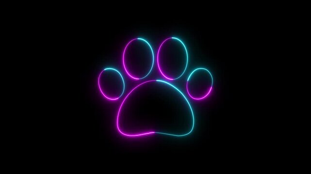 Animated animal paw icon. Predator footprint on a transparent background. glowing neon paw icon effect, A neon light effect animation of a pet paw print icon. 4k video motion animation.
