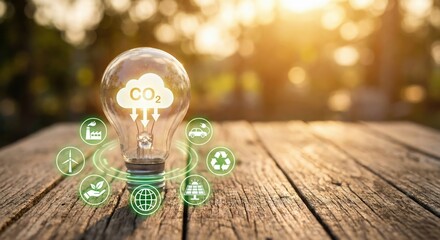 Sustainable Green Energy Concept with CO2 Reduction Light Bulb on Wood Surface Outdoors During Golden Hour Sunset featuring Renewable Icons for Carbon Neutrality and Environmental Conservation