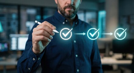 Asian adult businessman using a digital stylus to complete a checklist workflow on a glowing virtual interface in a professional office setting, focusing on task management and productivity.