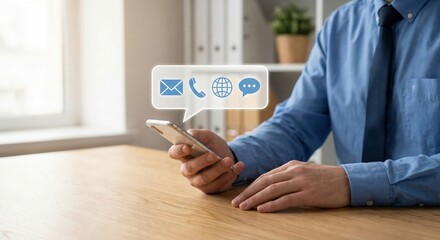 Professional adult man in blue shirt and tie using smartphone for digital communication, contact us concept with email and chat icons in bright office.