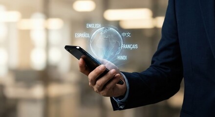 Adult Asian man in professional suit holding smartphone with glowing AI global translation interface and multilingual text icons in a dark indoor office setting.