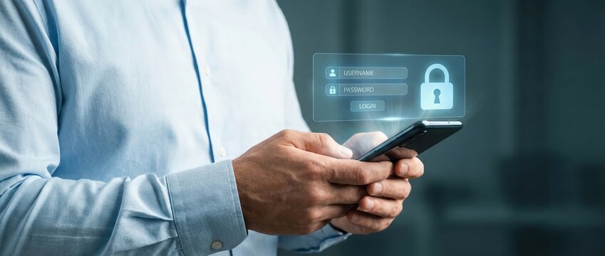 Adult Man Accessing Secure Login Hologram on Smartphone in Office, Digital Cyber Security and Data Protection Concept, High-Key Professional Aesthetic - Powered by Adobe